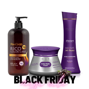 COMBO RICO COLOR CARE PURPLE SHAMPOO + COLOR MASK VIOLET - SPECIALLY DEVELOPED TO NEUTRALIZE THE GOLDEN REFLECTIONS OF THE THREADS + LEAVE-IN FINISHER GLOSS ILLUMINATOR MUTARI WITH SUNBLOCK - 240ML / 8.12FL OZ